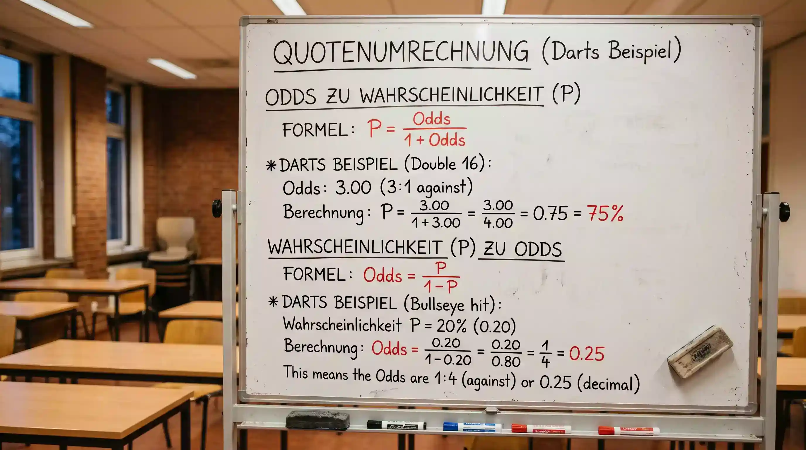Quotenumrechnung bei Darts-Wetten mit Beispiel